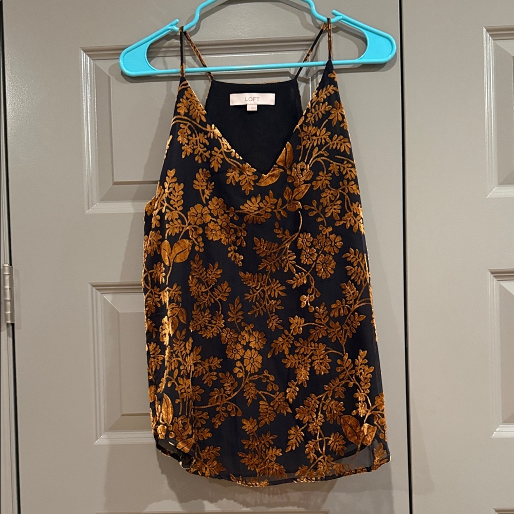 LOFT Black & Gold Floral Velvet Camisole with Spaghetti Straps
